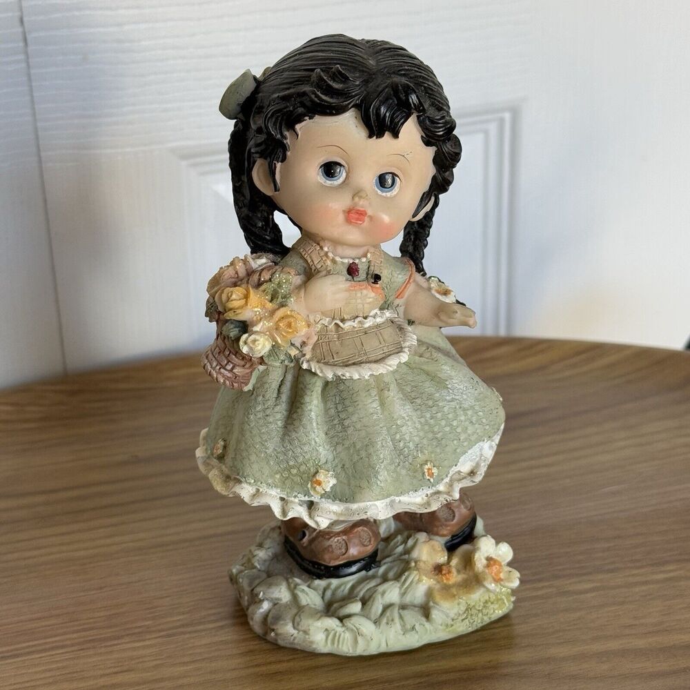 Vintage Resin Doll with Braids and Green Dress - Rustic Floral Decor 6 In